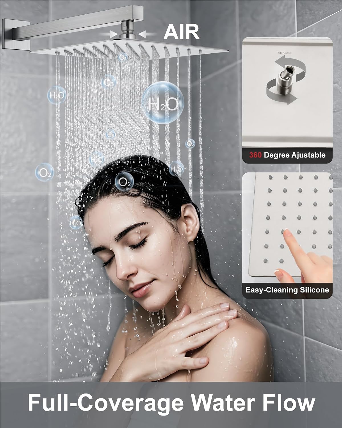 Detalle 2 de Aolemi 12-Inch Shower System with Rain Head, Dual-Function Handheld, Brushed Nickel