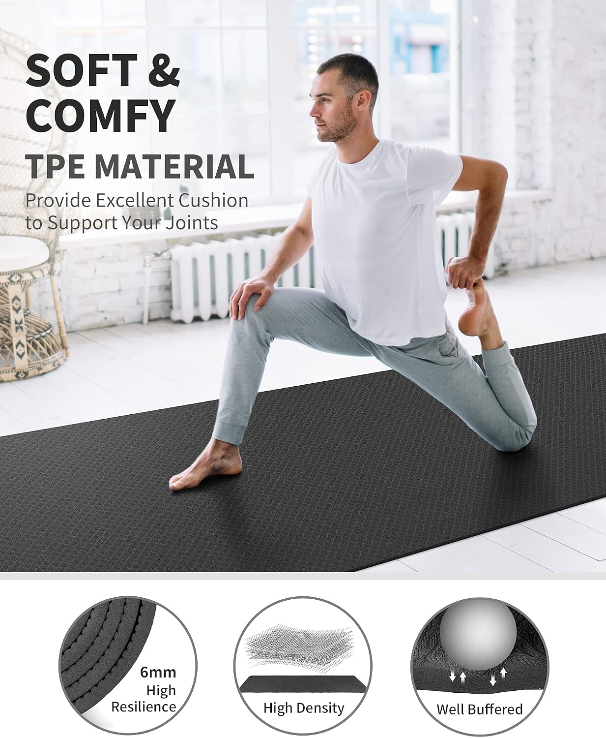 Detalle de CAMBIVO Extra Wide Yoga Mat for Home HIIT and Pilates: 183x81 cm, 6 mm TPE with Dual-Surface Non-Slip Traction