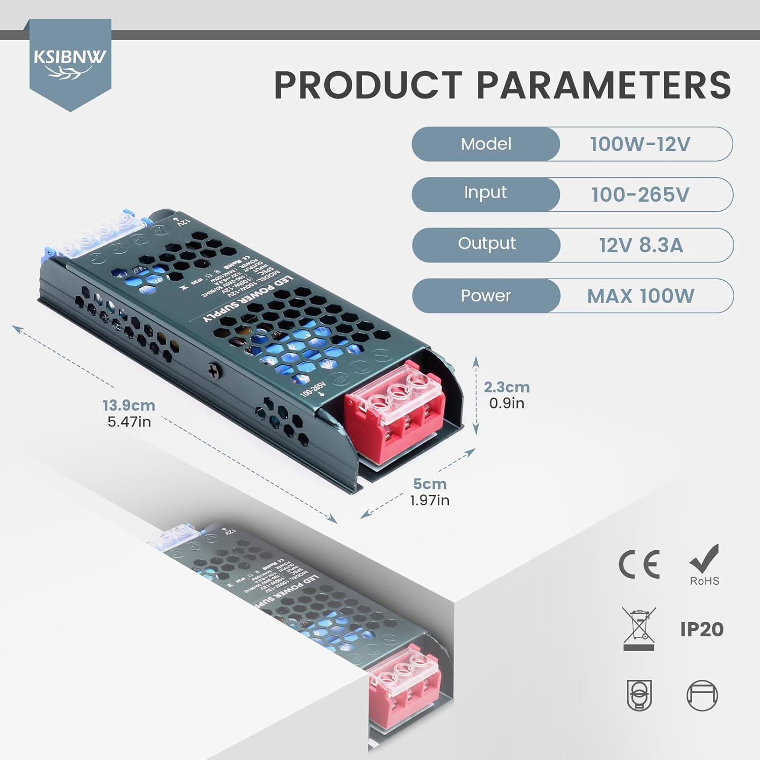 Thumbnail 1 de KSIBNW 12V Trasformatore LED 100W Alimentatore — Alimentatore driver sottile 12V 8,3A, protezioni multiple