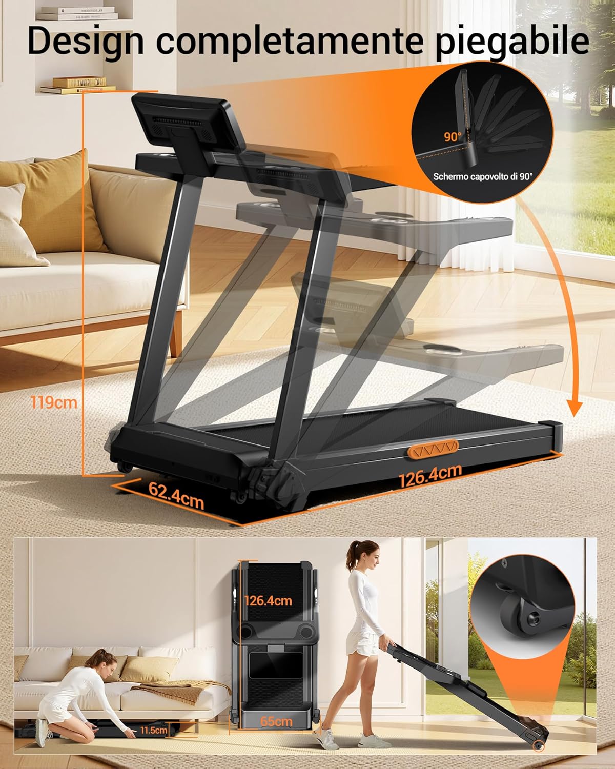 Detalle de UMAY Tapis Roulant Salvaspazio con Pendenza 16%, 3.5HP, Display LED e Cardiofrequenzimetro