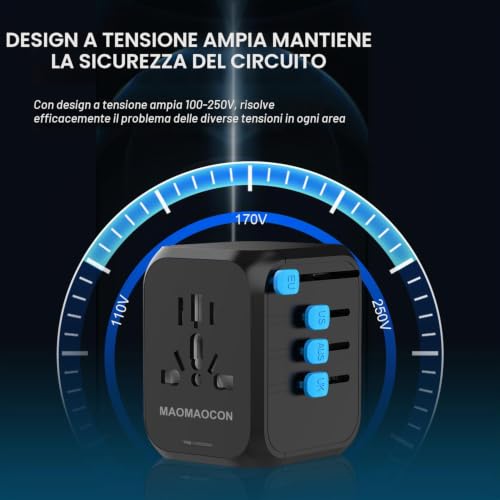Detalle 2 de MAOMAOCON Adattatore da viaggio universale PD20W con 2 USB-A, USB-C e presa AC | Compatibile con Germania, USA, UK, Thailandia, Italia e altro