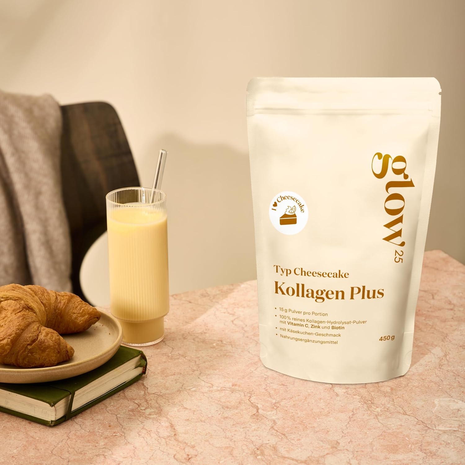 Thumbnail 4 de Glow25® Collagen Plus Käsekuchen [450g] – Kollagenhydrolysat mit Vitamin C, Zink und Biotin