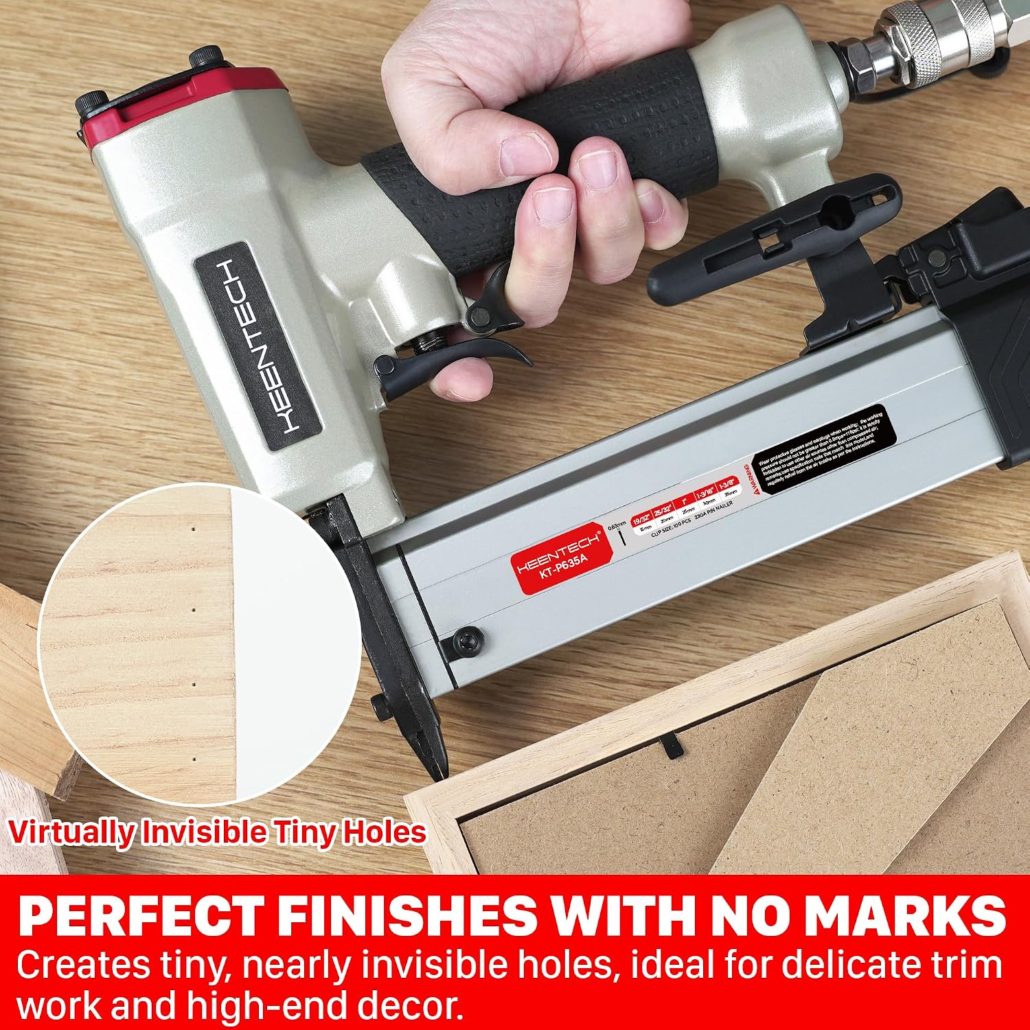 Detalle de KEENTECH KT-P635A 23-Gauge Pneumatic Pin Nailer with 2,160 Pins