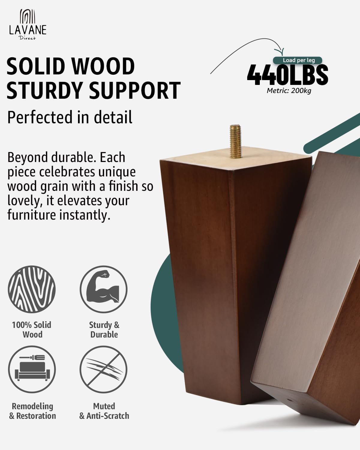 Detalle de La Vane 10 inch Solid Wood Furniture Legs (Set of 4) – Walnut, Pyramid Design with M8 Kit