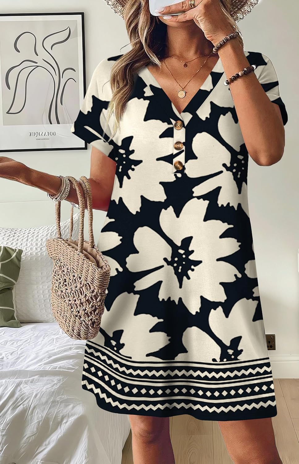Detalle de WIHOLL Summer Dresses for Women with Sleeves — Midi Button-Down Beach Vacation Casual Dress