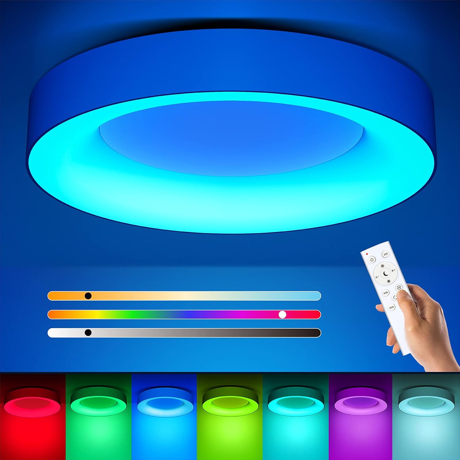 Detalle de Matane Matane RGB LED Flush Ceiling Light (24W) with Remote, Dimmable 3000K–6500K, 11 Inch White