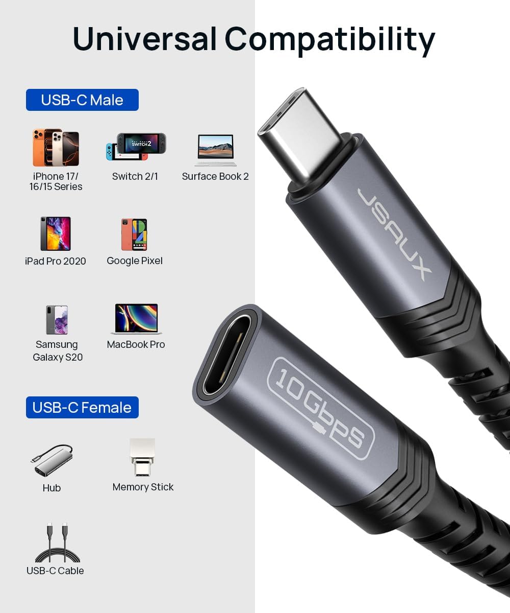 Detalle 2 de JSAUX USB C Extension Cable 2M 100W