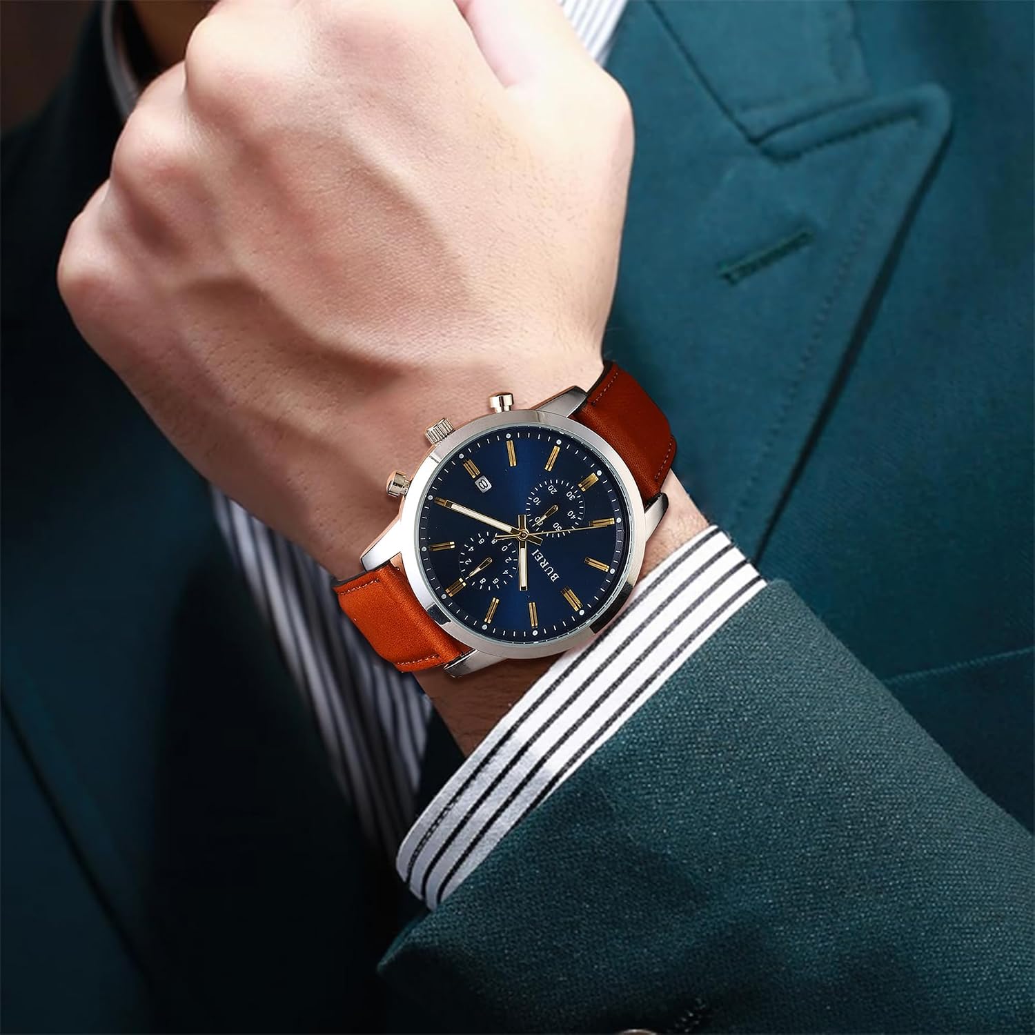 Detalle 2 de BUREI montre chronographe quartz japonaise étanche 3 ATM pour homme à bracelet cuir