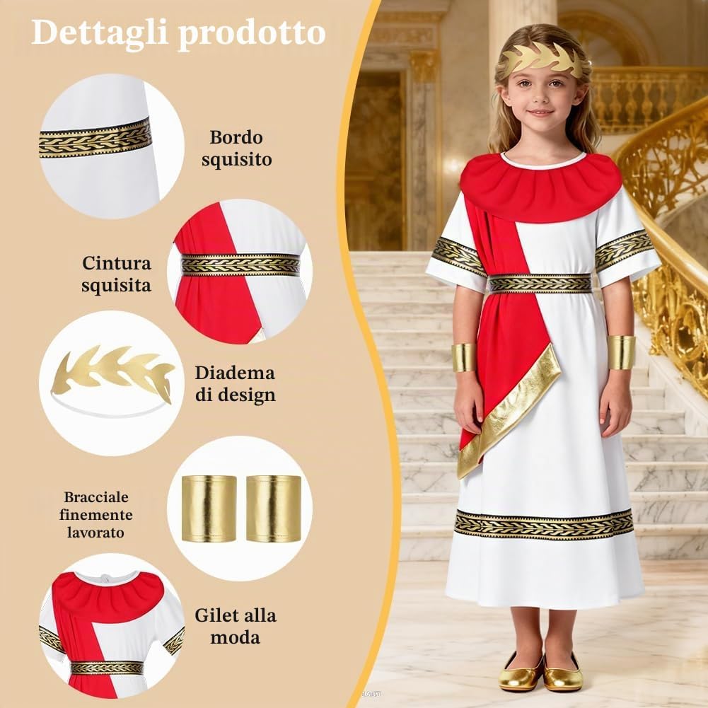 Detalle de Costume da antica Grecia Romana BSBUY per ragazzi e ragazze, bianco e rosso (toga/abito lungo con cintura)
