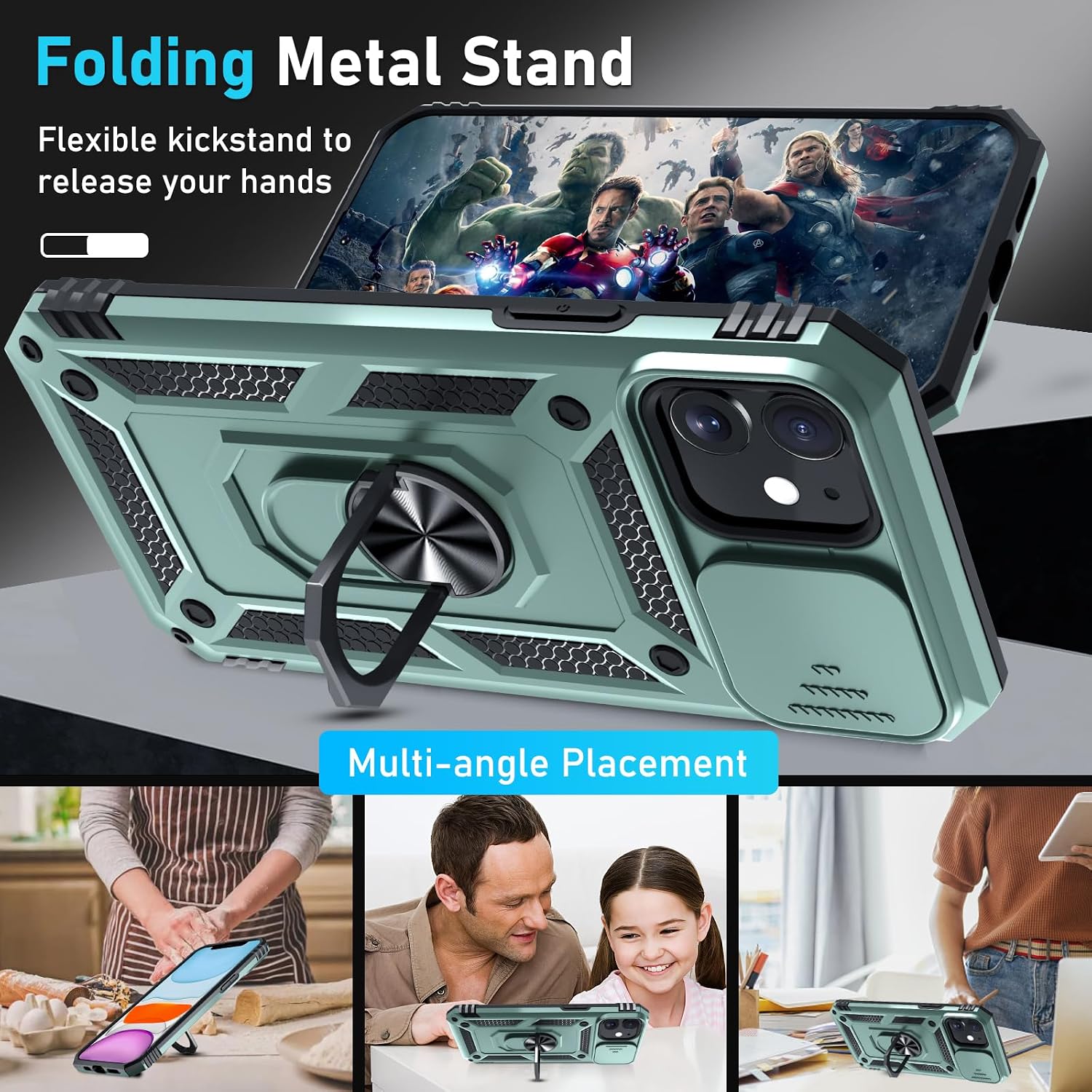Detalle 2 de Janmitta Dark Green iPhone 11 Case with Slide Camera Cover, Tempered Glass Screen Protector, Ring Kickstand