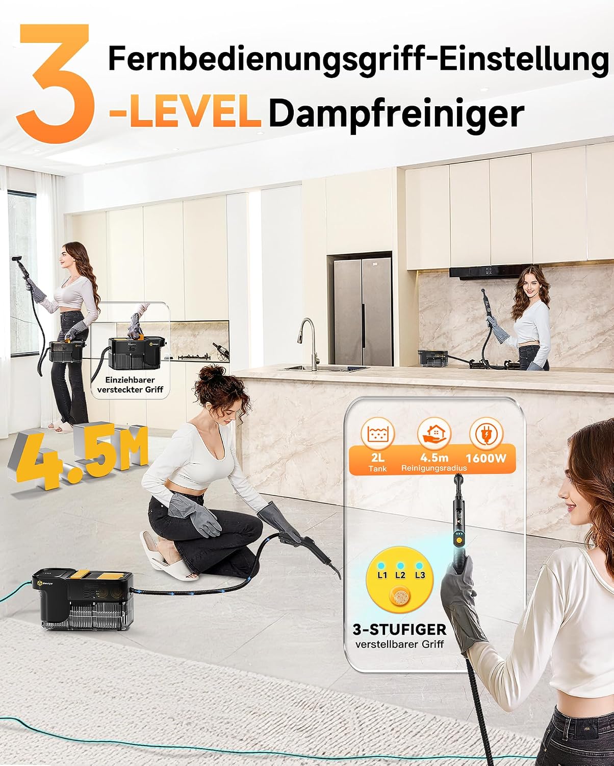 Detalle 2 de Gautye Dampfreiniger 3-stufig verstellbarer Griff – 2 L Wassertank, 18 Zubehörteile, 1600 W