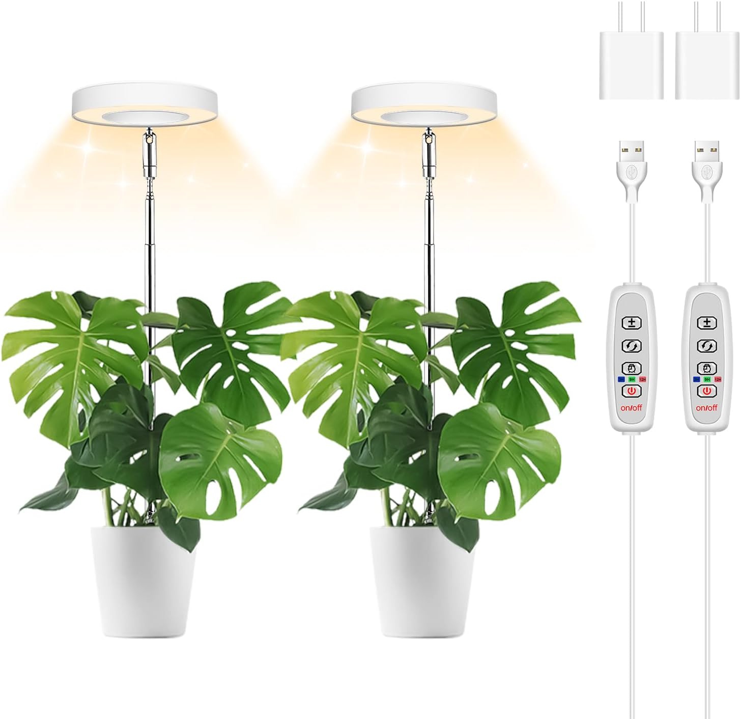 Detalle de Wiaxulay BL-B10A Halo Grow Light, 48 LEDs, Adjustable Height, Timer, 2-Pack