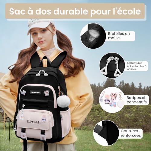 Detalle de Tanou Cartable Fille Primaire 20L avec Pendentif et badges – Organisation et Confort