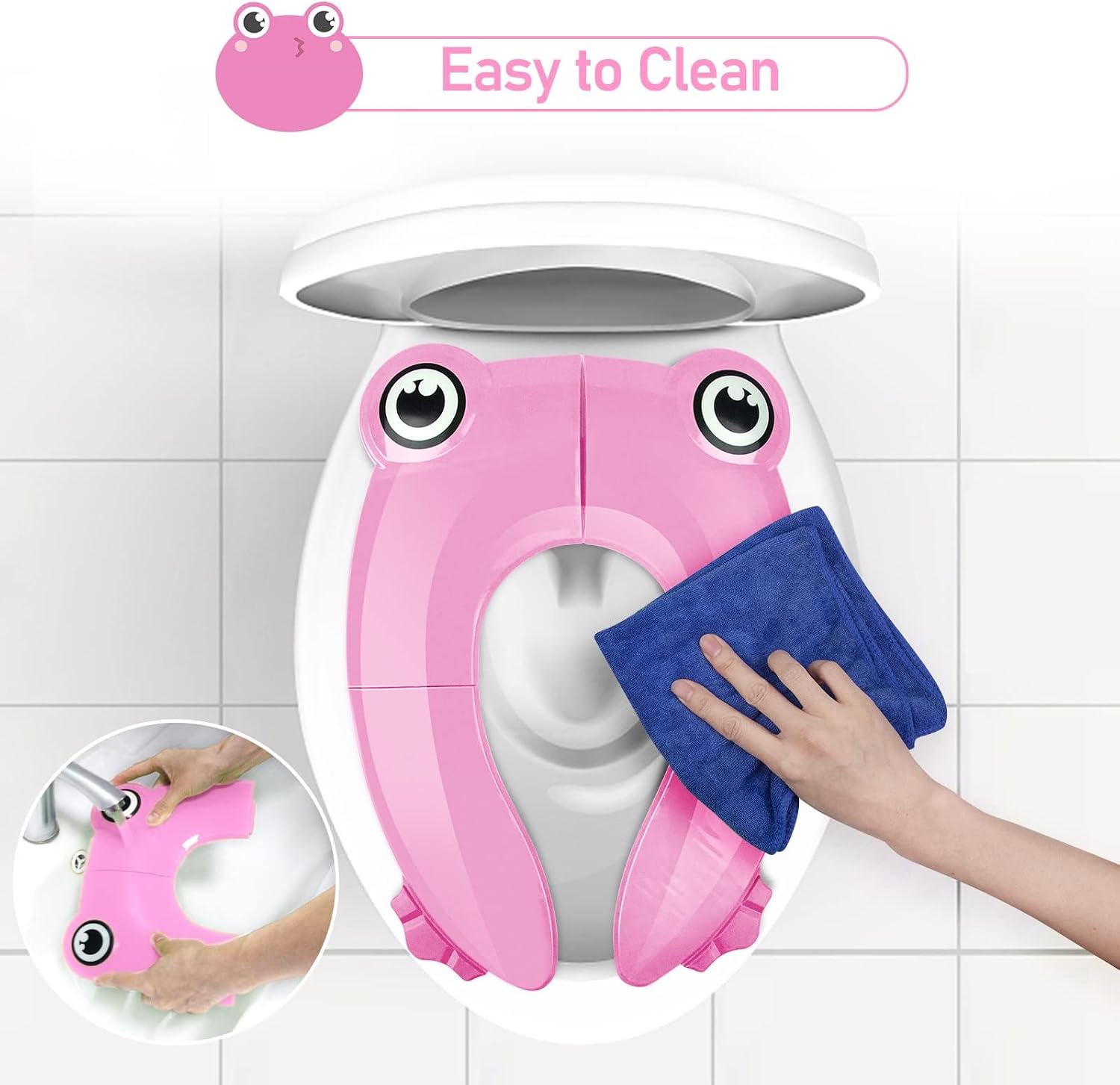 Detalle de Pejoye Portable Travel Toddler Toilet Seat – Foldable Potty for Kids, Pink Frog