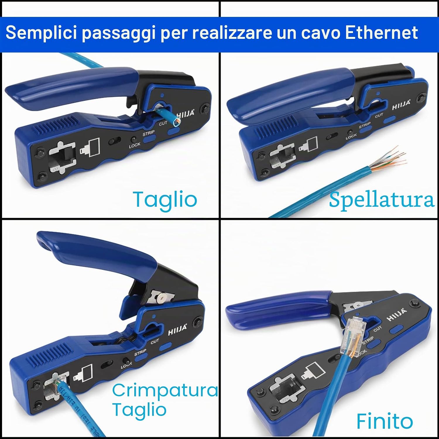 Detalle de Hiija pinza crimpatrice RJ45 passante 8P8C + kit per cavi LAN (Cat5, Cat5e, Cat6) con 50 connettori RJ45, coperture e tester