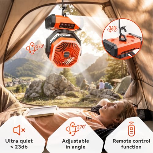 Detalle de Doublepow 20000mAh Camping Fan with LED Light: Portable, Remote-Controlled Oscillating Fan for Outdoor Use