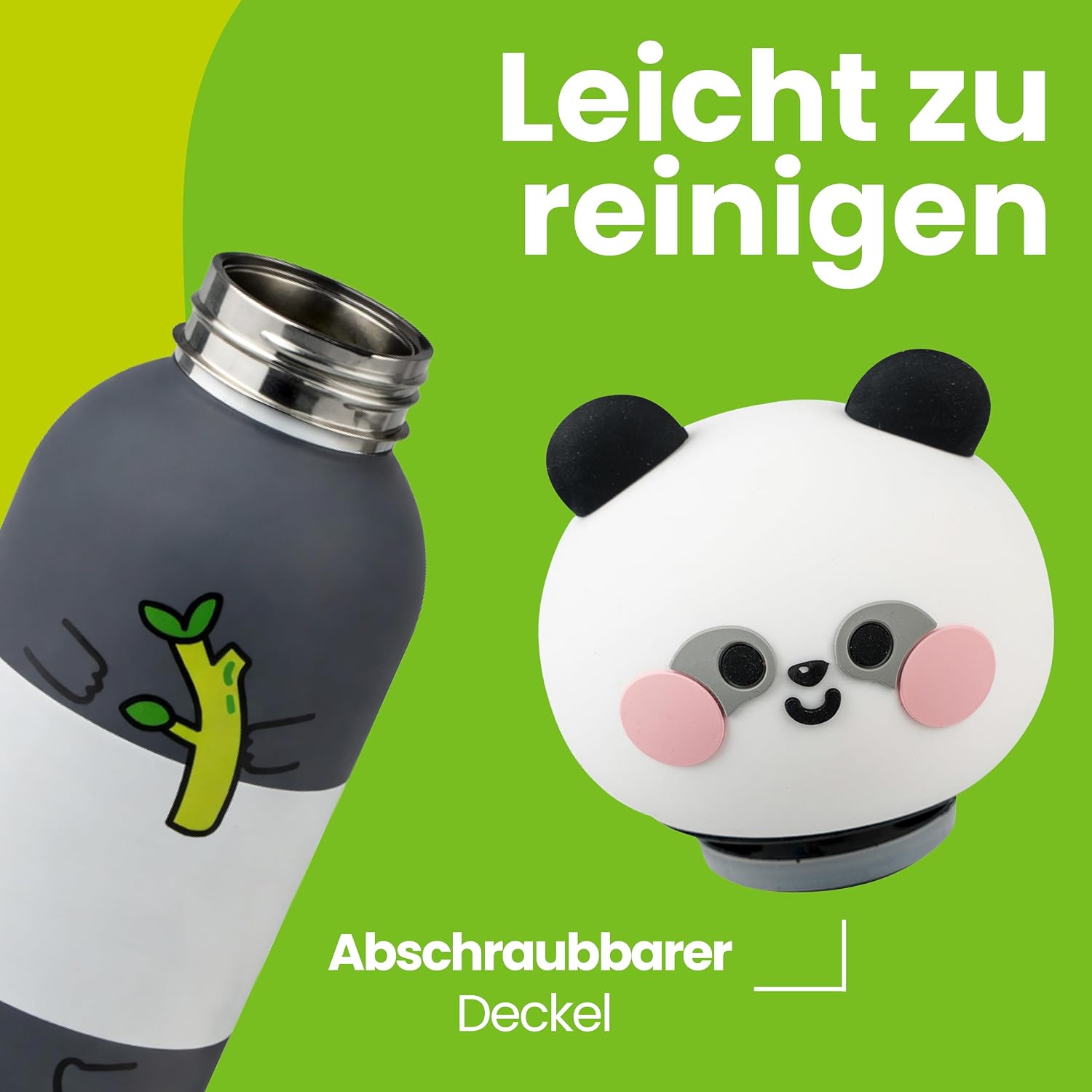 Detalle de Cartomania Thermosflasche aus Edelstahl (350 ml) mit Silikondeckel – panda Design, BPA-frei