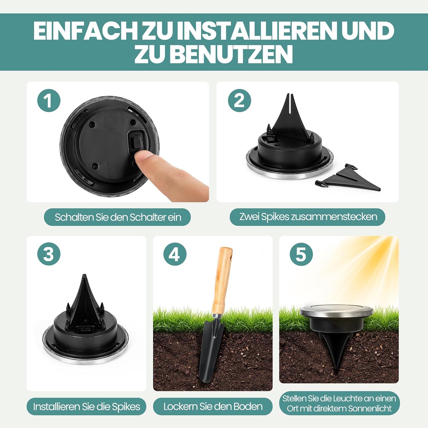 Thumbnail 6 de Solpex Klein Solar Bodenleuchten – 10er Set, 8 LEDs, Edelstahl, IP65, für Garten und Weg