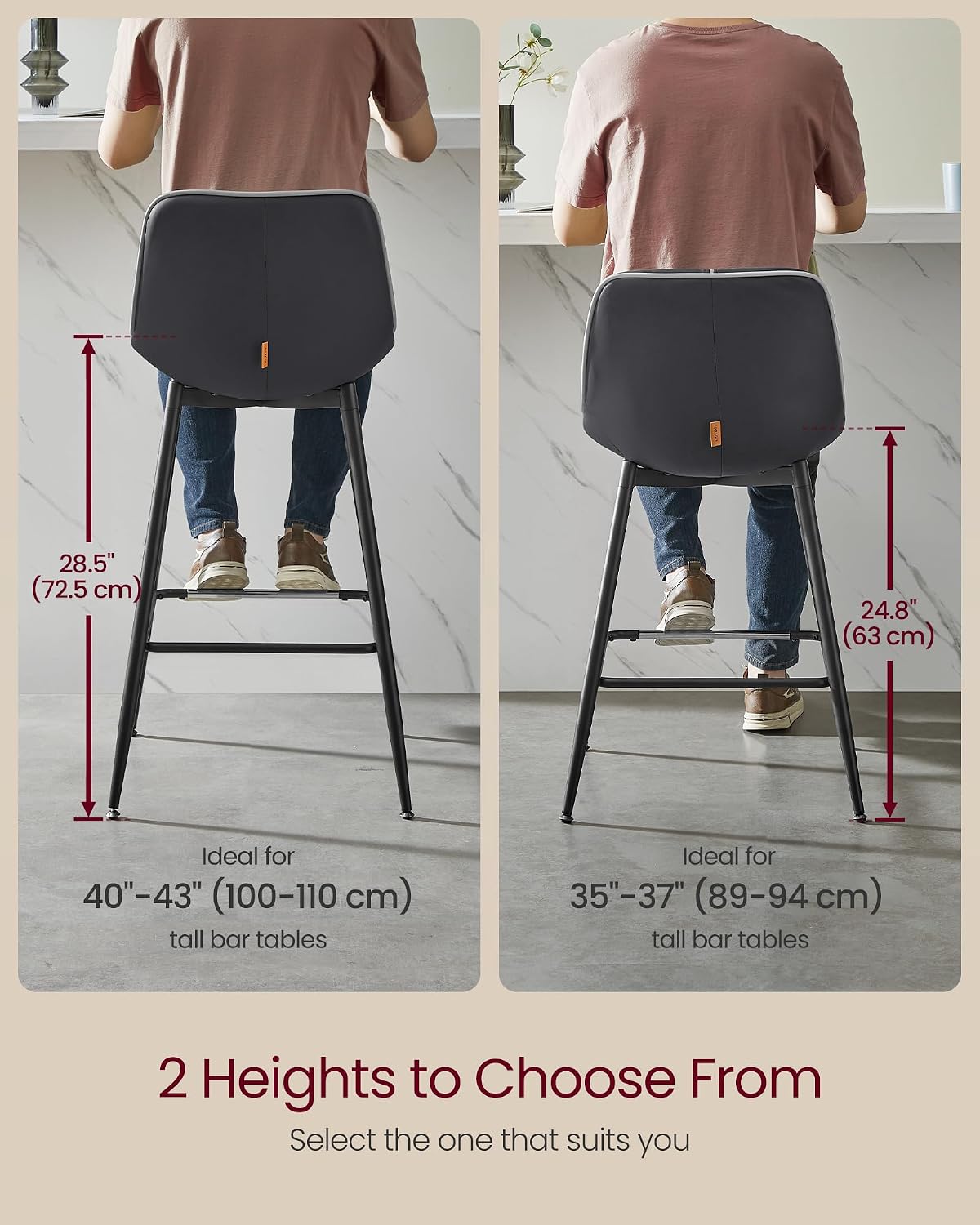 Detalle 2 de VASAGLE ULBC088B01 Bar Stools, Set of 2 with Backrests, Ink Black PU Leather