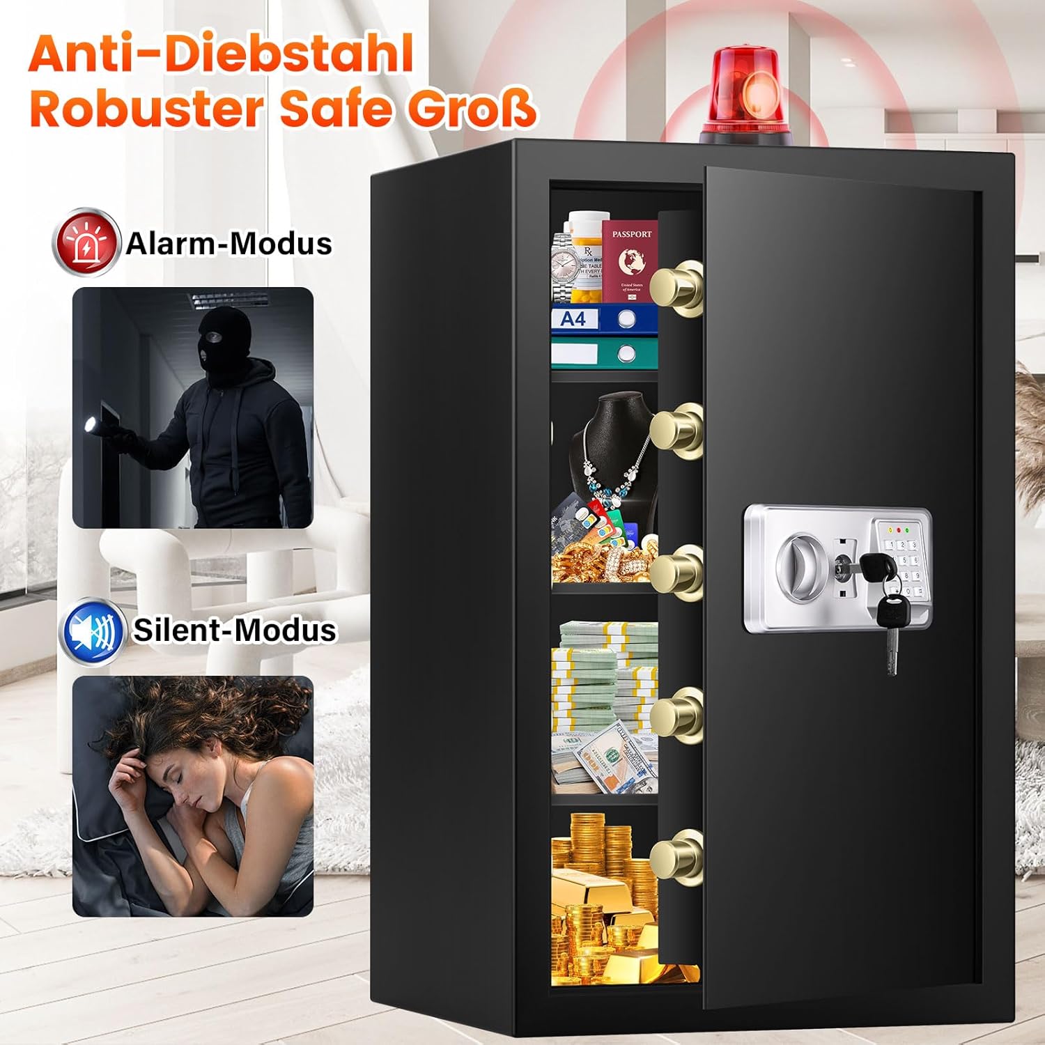 Detalle 2 de Mejasg Extra Großer Safe 102L: feuerfester Möbeltresor mit Alarmanlage, Dokumententasche und 3 herausnehmbaren Regalfächern