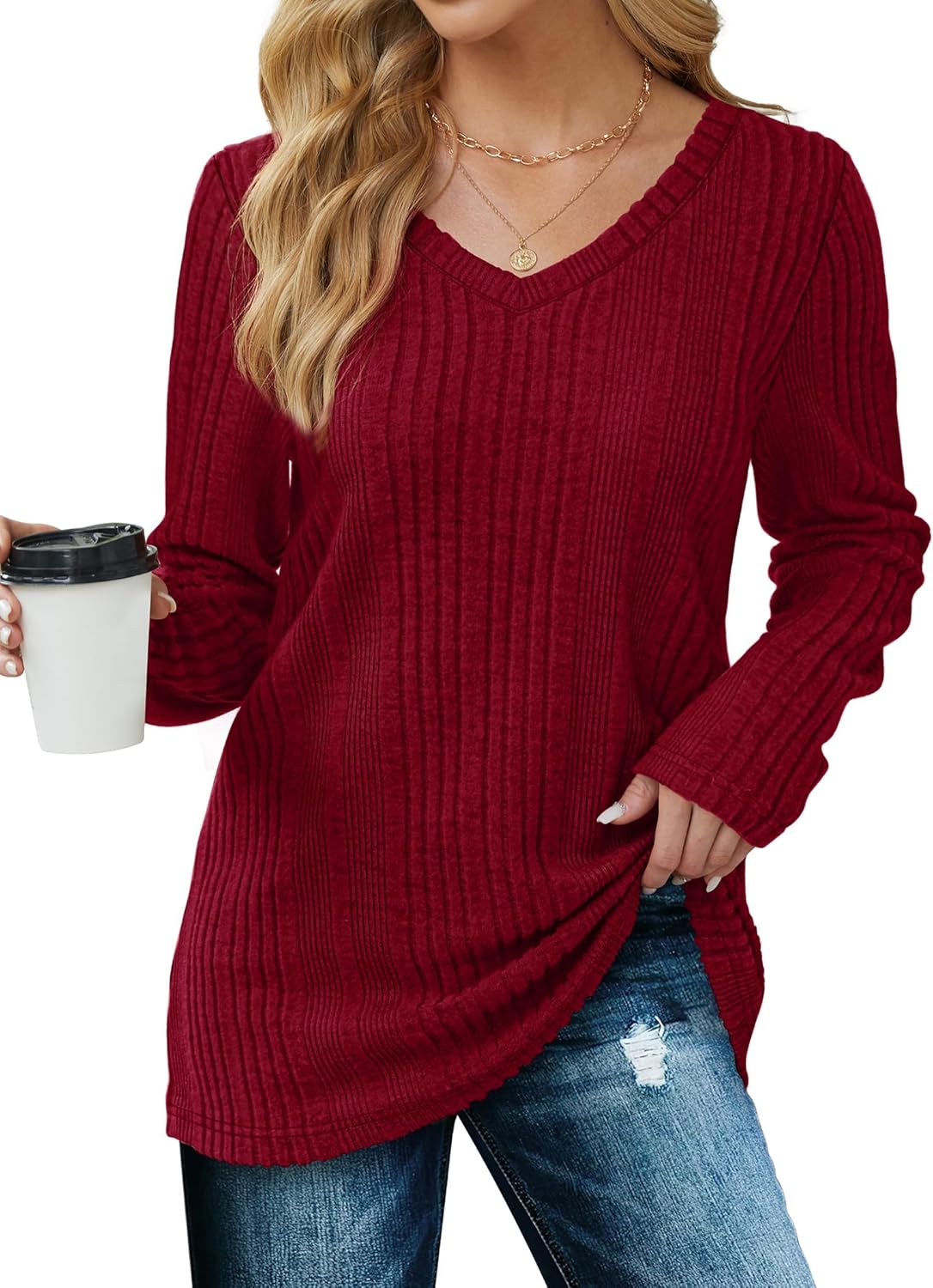 Thumbnail 1 de GLEENOD Damen Pullover mit V-Ausschnitt – leichtes Langarm-Sweatshirt in einfarbig