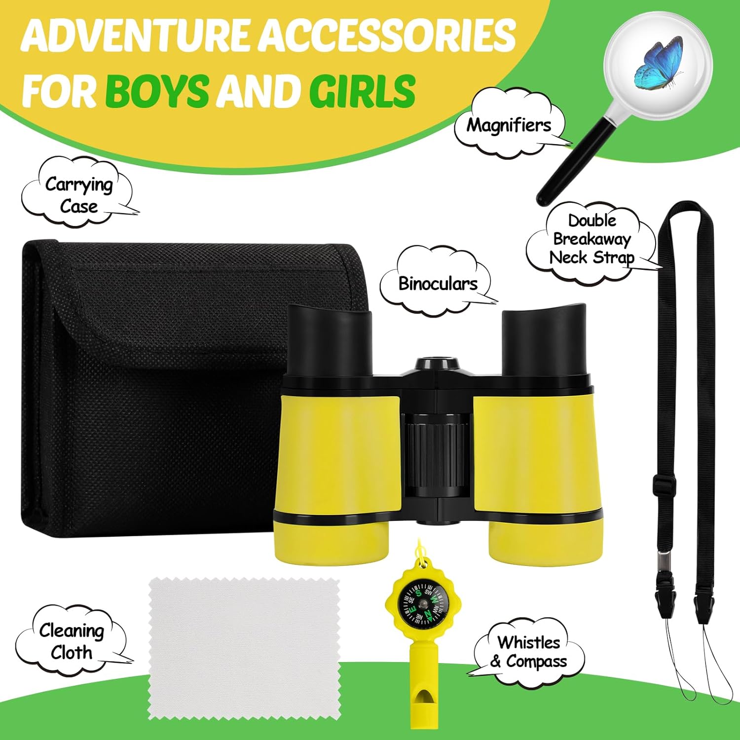 Detalle de Binoculars for Kids with Compass, Magnifying Glass and Accessories (Yellow) – Ideal 3–8 Year Old Explorers