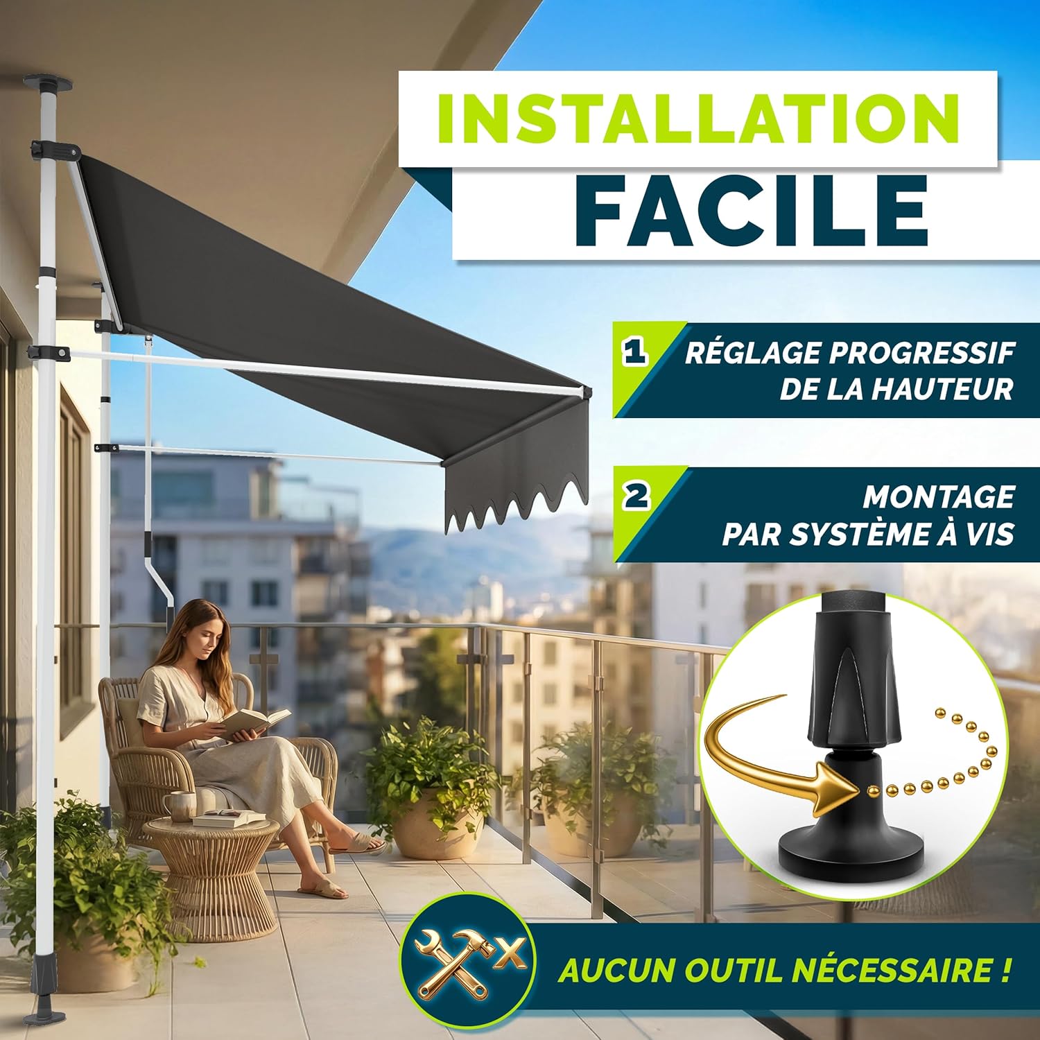 Thumbnail 2 de Tillvex Store Banne Manuel rétractable avec manivelle — Marquise de balcon 350 cm Gris