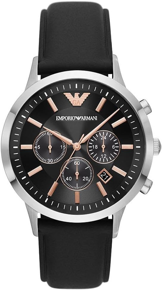 Detalle de Emporio Armani Orologio da uomo – Cronografo in acciaio con cinturino in pelle nera
