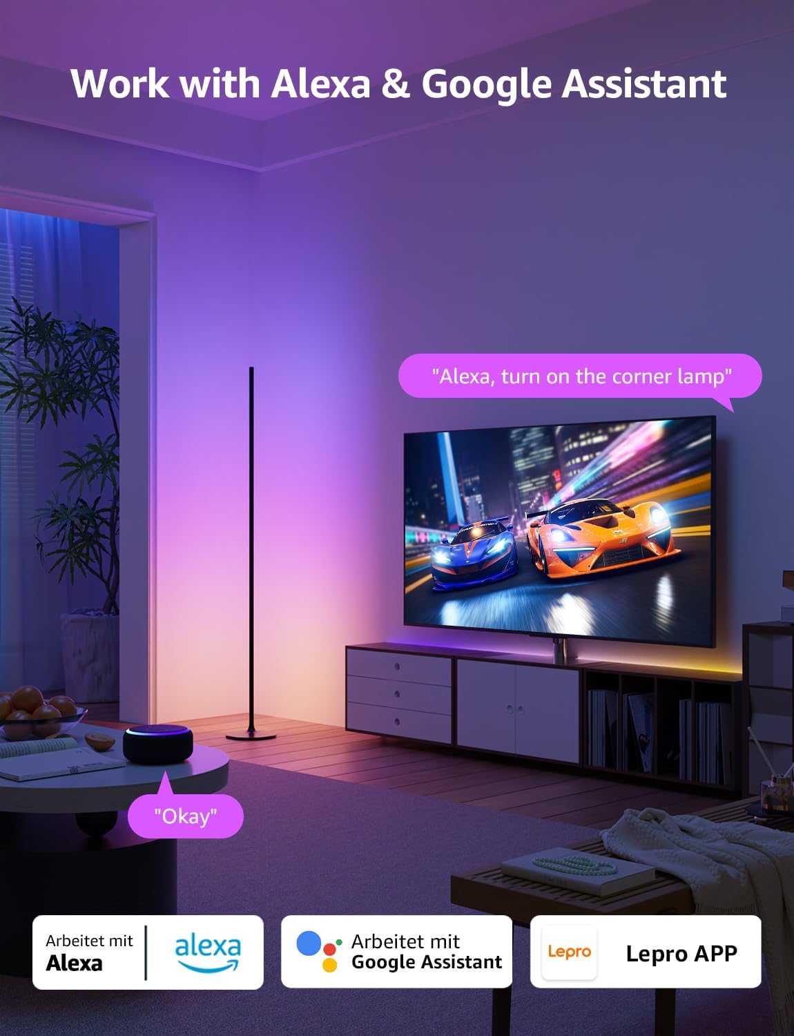 Detalle de Lepro OE1 AI Floor Lamp: Music‑Sync Smart Corner Lamp with AI Lighting Designer