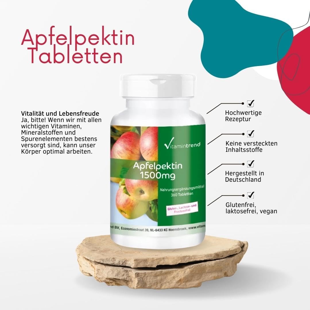 Detalle de Vitamintrend Apfelpektin 1500 mg pro Tagesdosis – veganes Komplettpräparat mit Calcium und Vitamin C (360 Filmtabletten)