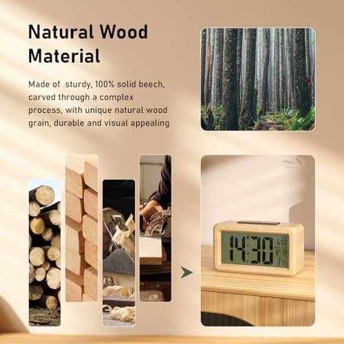 Detalle de Reloj despertador digital de madera HERMIC con pantalla LCD grande y funciones inteligentes