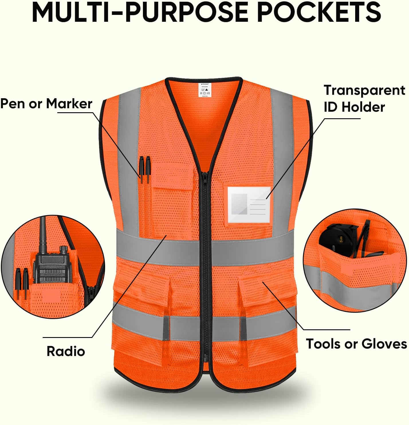 Detalle de TICONN High Visibility Reflective Safety Vest, ANSI Class 2 with 360° Strips