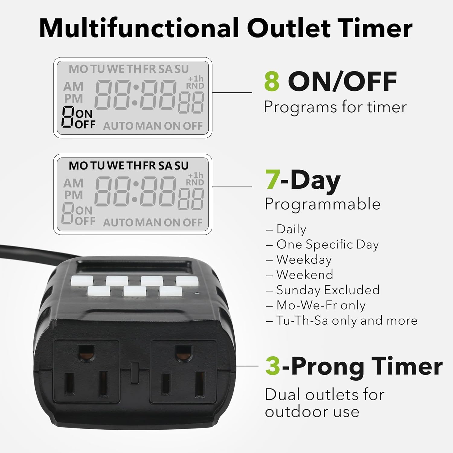 Detalle 2 de BN-LINK U78-2Pack12 Outdoor Digital Timer, 2 Outlets, 8 Programs, 15A/1875W
