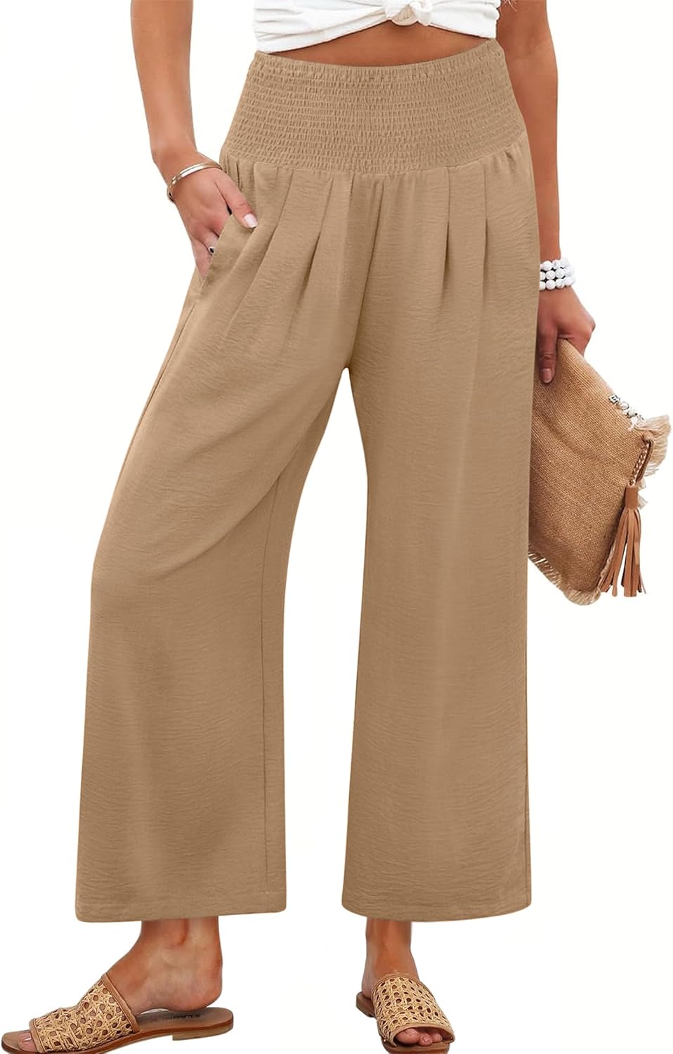 Detalle de ANRABESS Women's Palazzo Pants: Lightweight High-Waisted Wide-Leg Beach/Casual Trousers