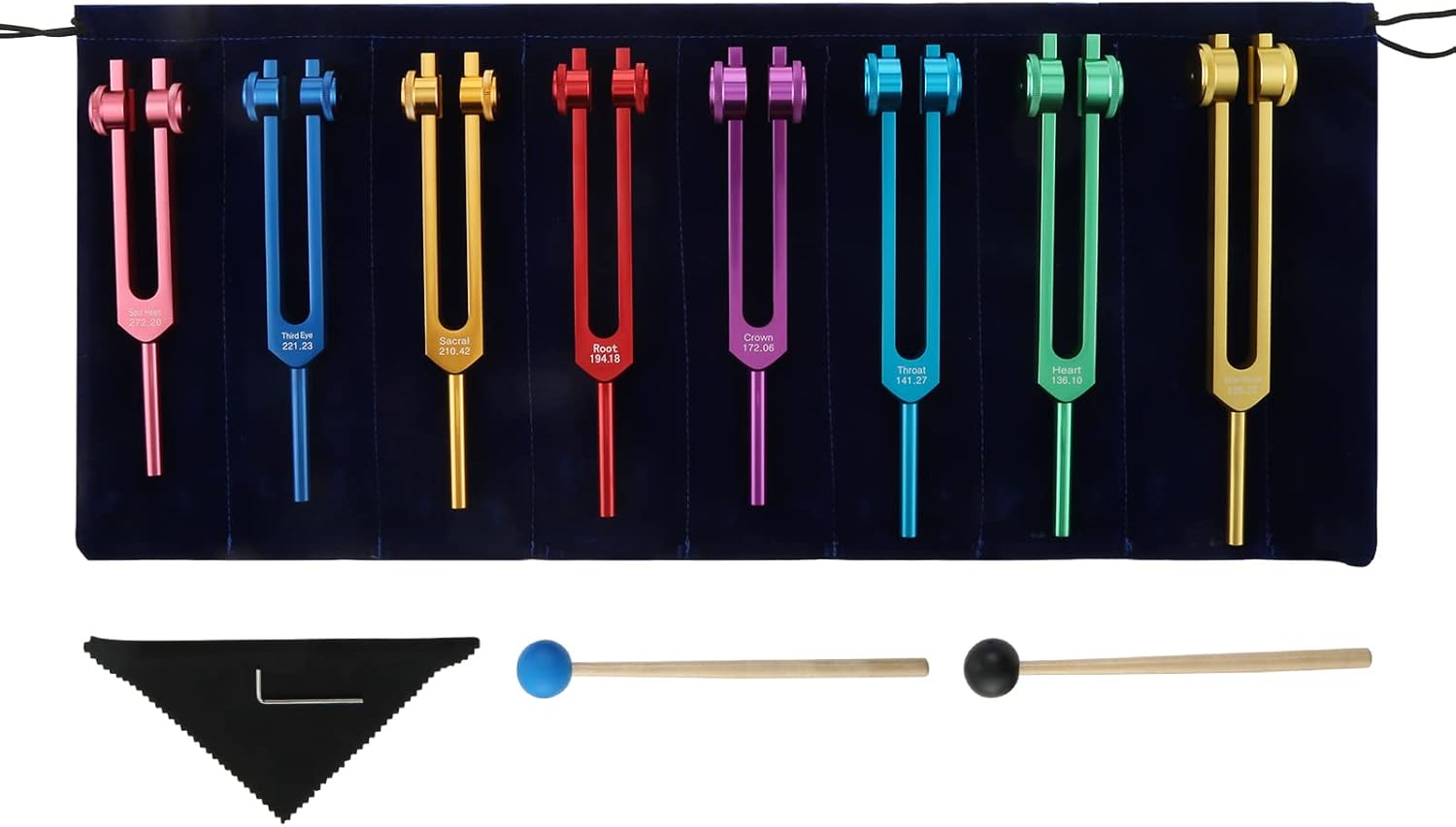 Detalle de Chakra Tuning Forks Set — 8-Tone Chakra & Soul Purpose Kit with Mallets, Cleaning Cloth & Pouch