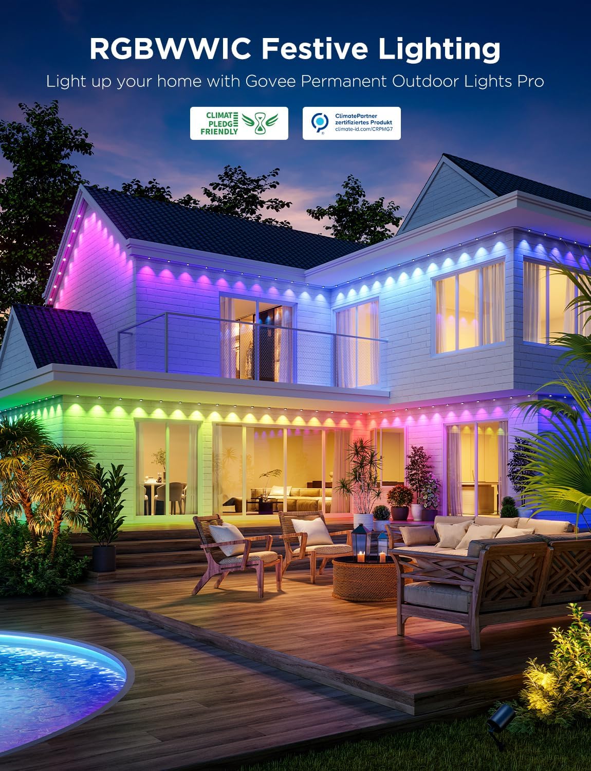 Detalle de Govee Permanent Outdoor Lights Pro (100ft) with 60 RGBIC LED Lights, IP67 Waterproof, Alexa/Google/Matter, White