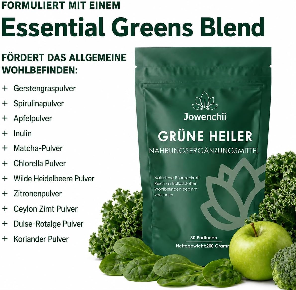 Detalle de Grüne Entgiftungspulver, 200g – Superfood Helfer mit Matcha, Gerstengras und Heidelbeeren