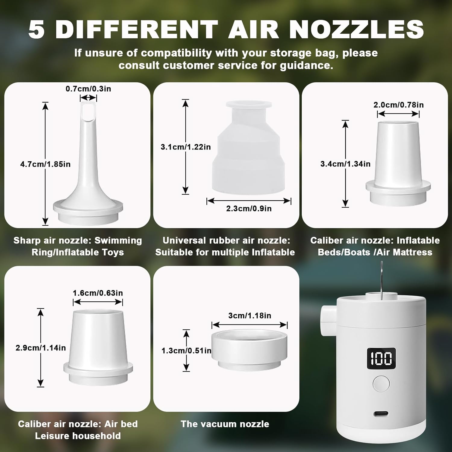 Detalle 2 de Portable Air Pump for Inflatables — Type-C Rechargeable, 5 Nozzles, Ultra-Compact and Quick Inflate/Deflate