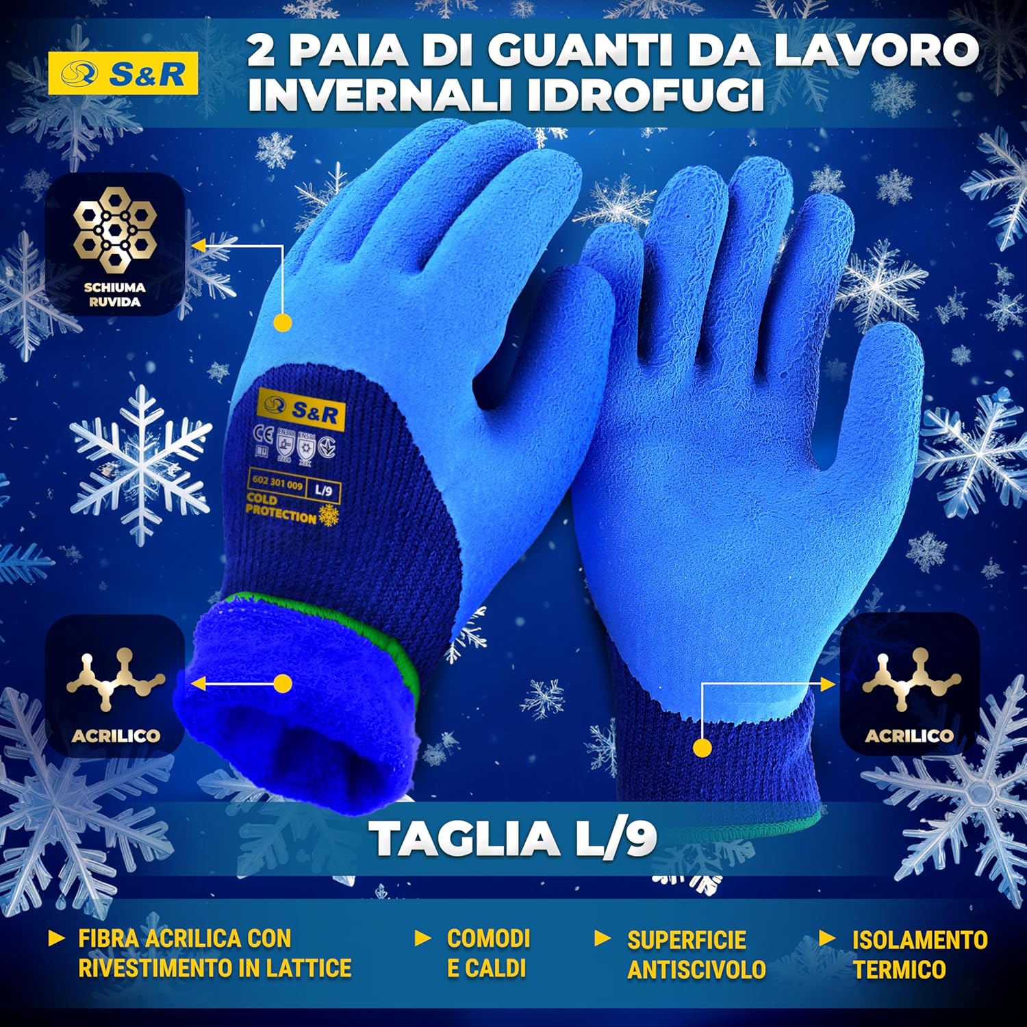 Detalle de S&R Guanti da Lavoro Invernali Termici - 2 Paia, Taglia L/9, fodera acrilica calda, rivestimento lattice idrorepellente