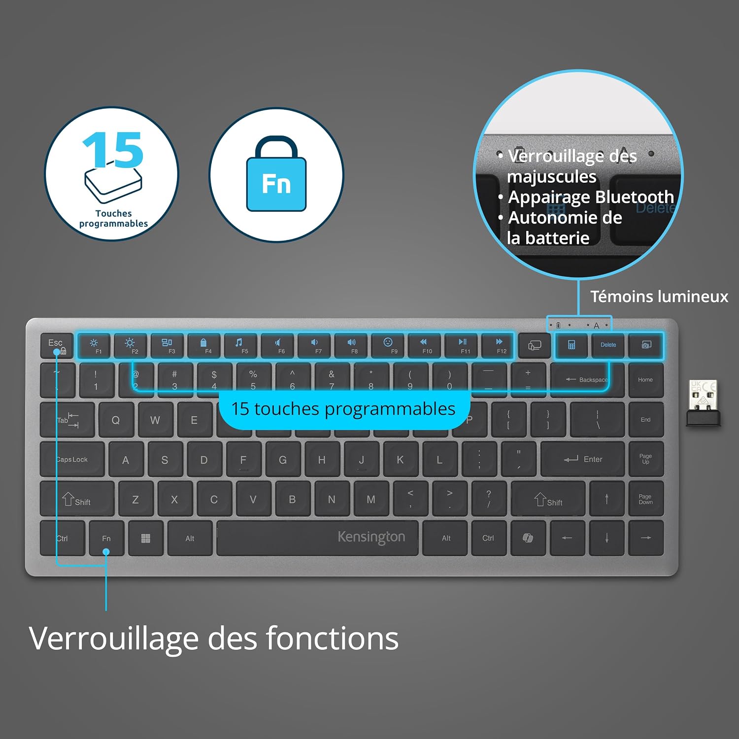 Detalle de Kensington KB435 Clavier sans Fil EQ 2.4G USB – Clavier Compact Silencieux et Rechargeable