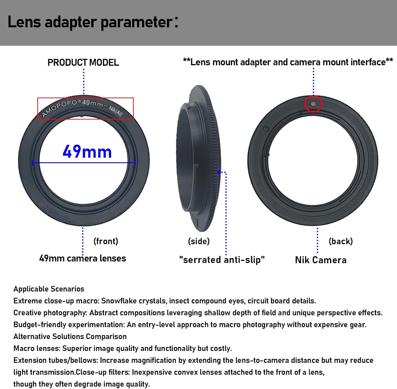Detalle de AMOPOFO 49mm Macro Reverse Mount Adapter Ring for Nikon DSLRs