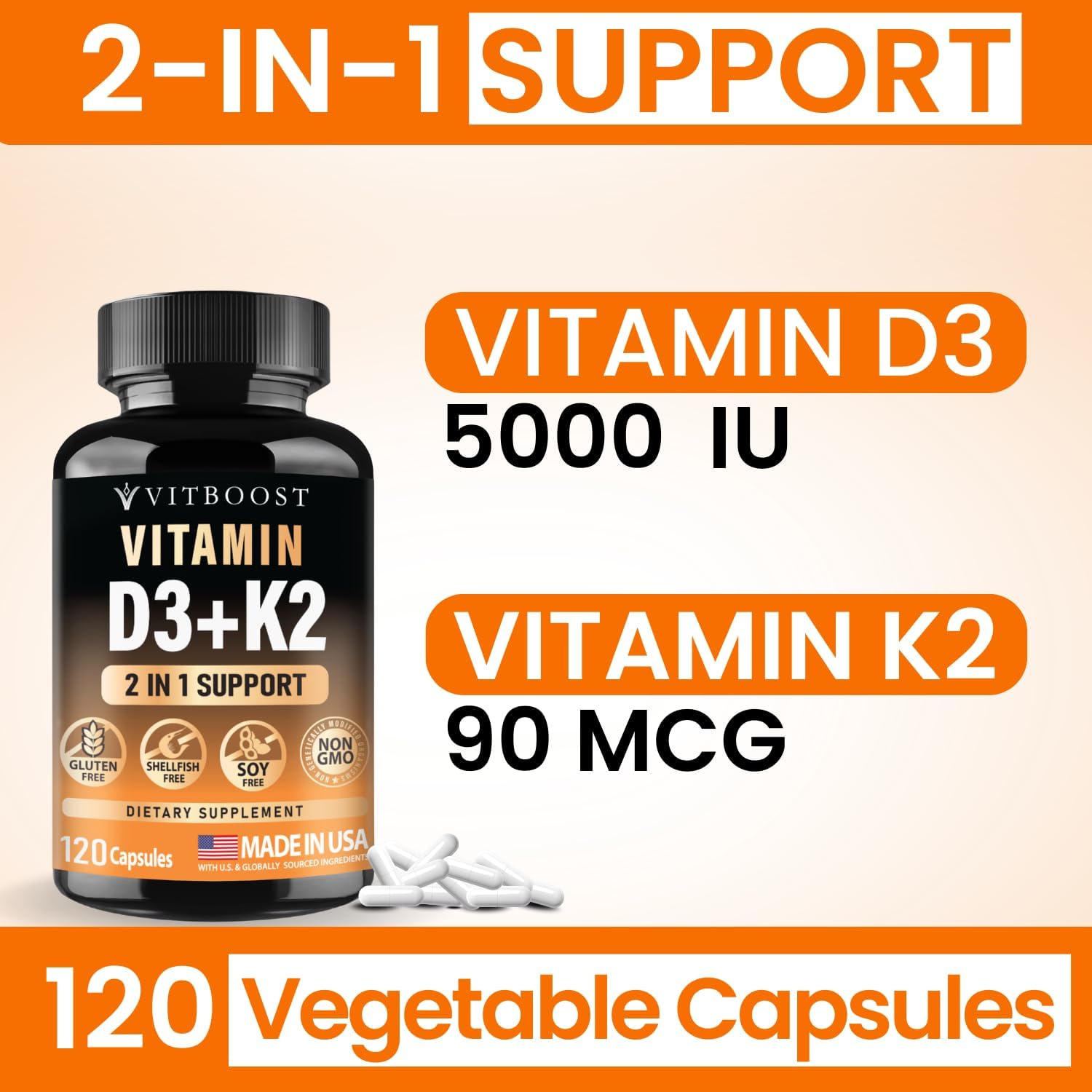 Thumbnail 5 de VITBOOST Vitamin D3 K2 Complex, 5,000 IU D3, MK-7, 120 Capsules