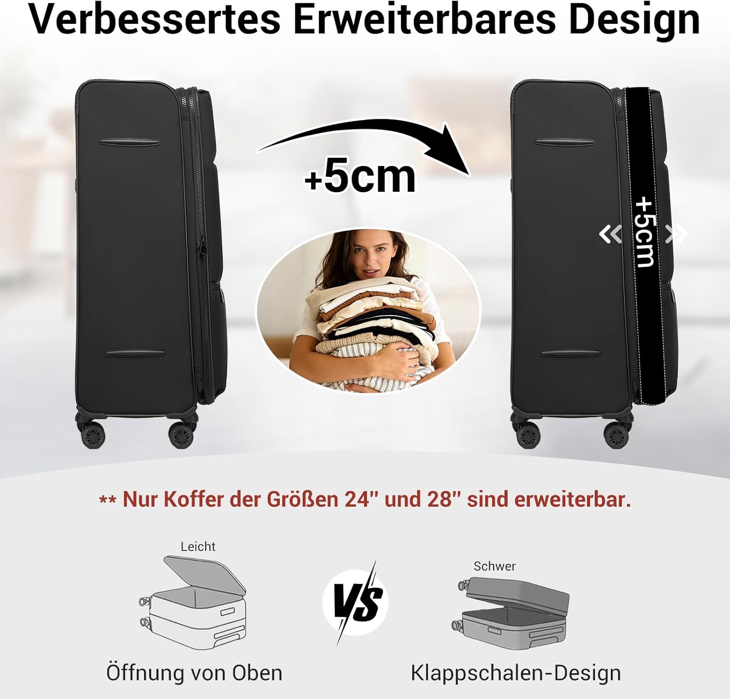 Detalle de Miss Lulu Erweiterbarer Großkoffer – 112 L, 4 Rollen, leichter, wasserdichtes Nylon
