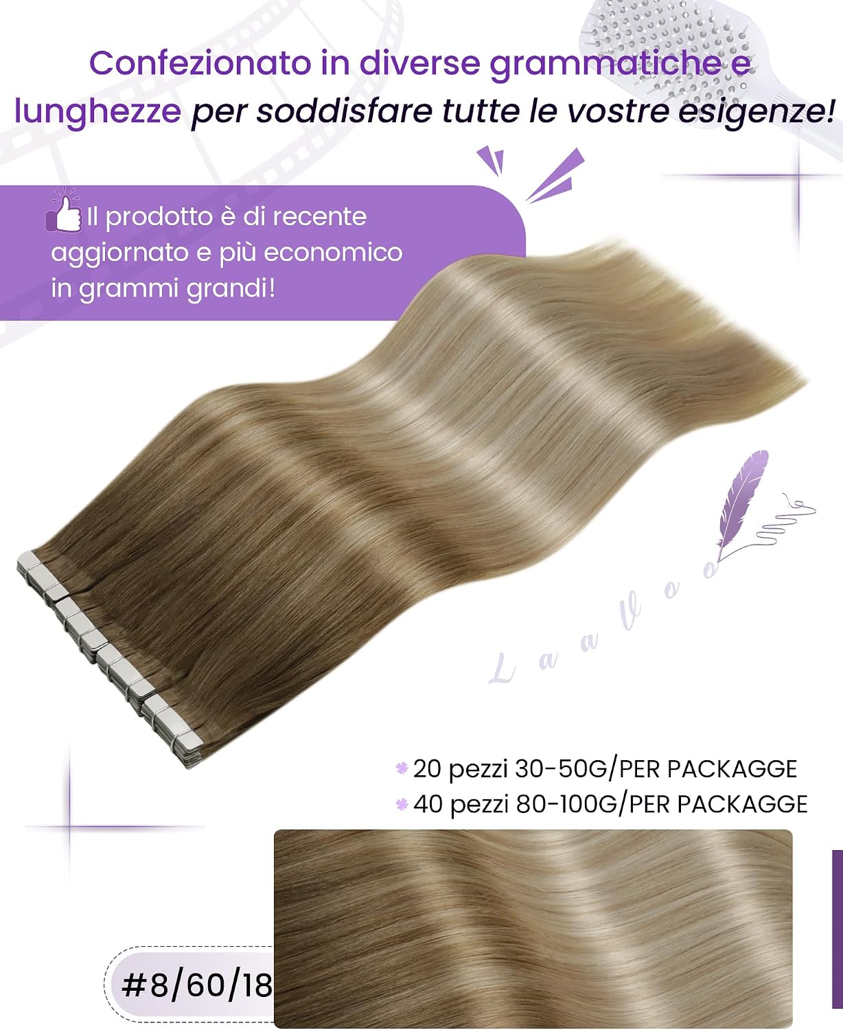 Thumbnail 2 de LaaVoo Extension Capelli Veri Biadesivo 50 cm – 20pz, tonalità Biondo/Chiaro fino Platino