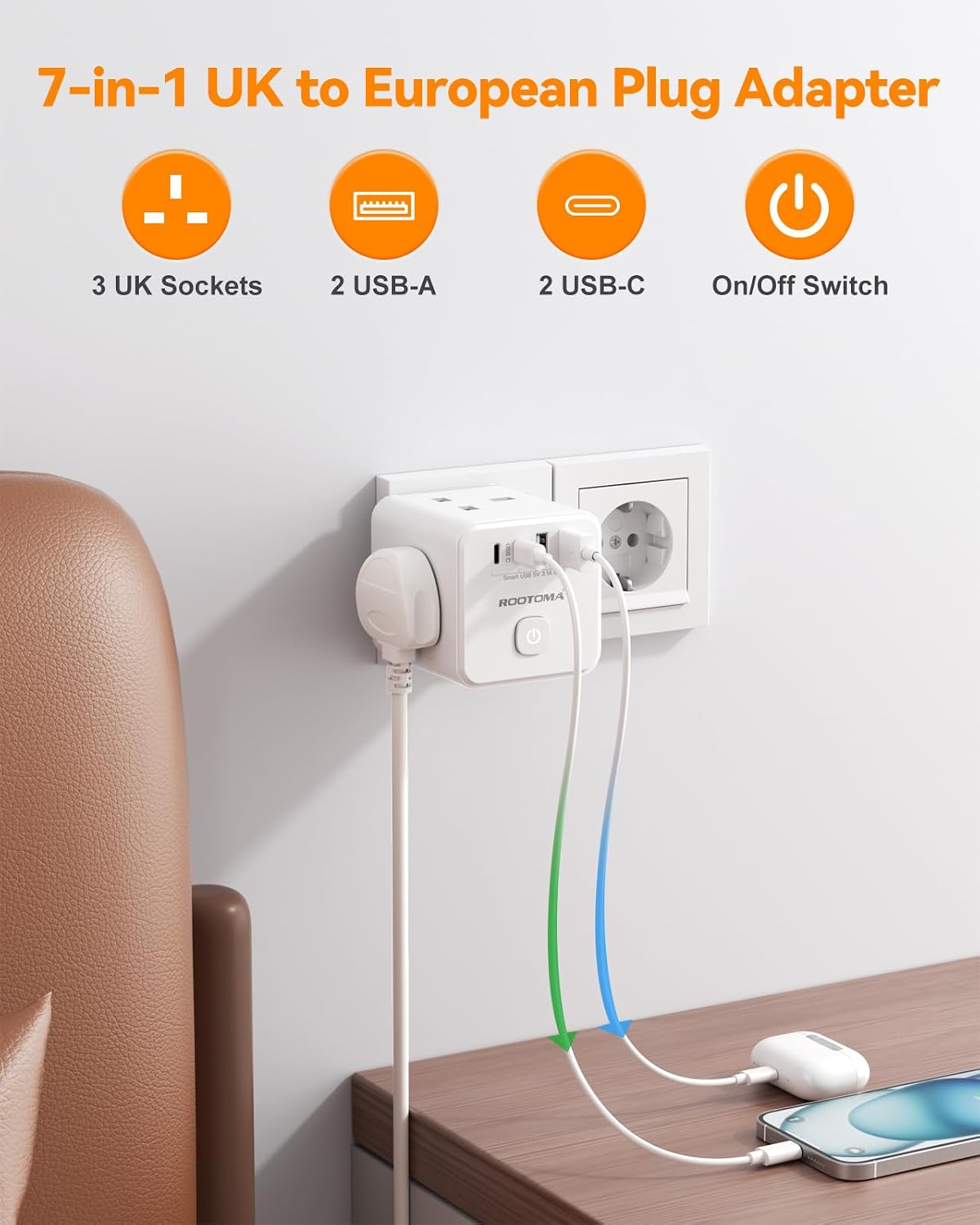 Thumbnail 1 de UK to European Plug Adapter with 4 USB Ports (2 USB-C) – 7-in-1 Cube for Europe
