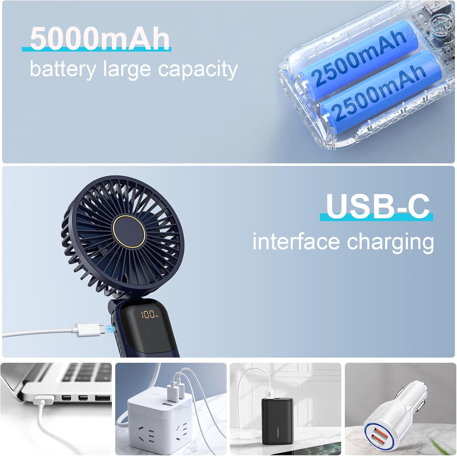 Detalle de Rechargeable 5000mAh handheld fan with 5 speeds