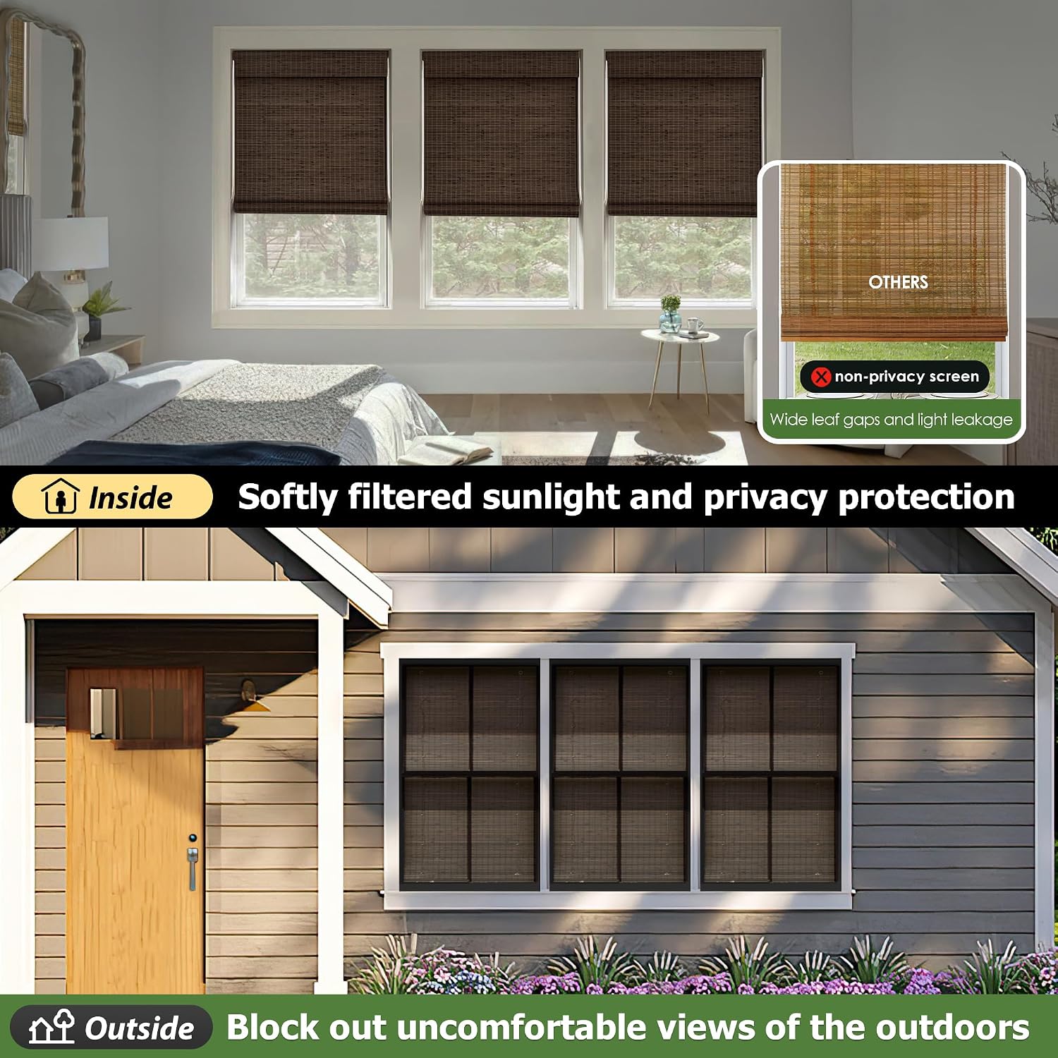 Detalle de LazBlinds BDP-Espresso Cordless Bamboo Roman Shade, 34 x 64, Room Darkening