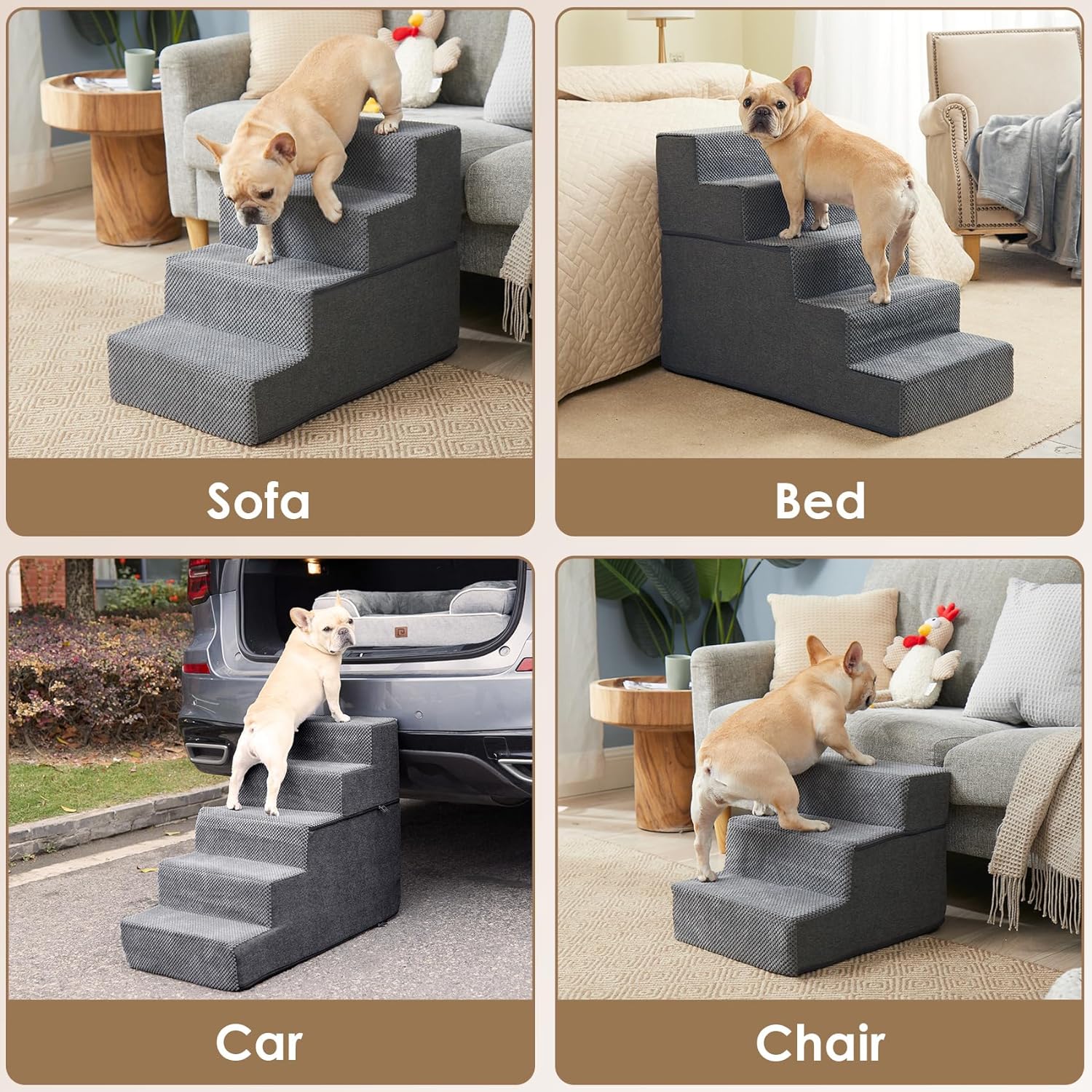 Thumbnail 6 de EHEYCIGA Model 4 Dog Stairs, 18-Inch Four-Step Bed Steps, Gray Fleece