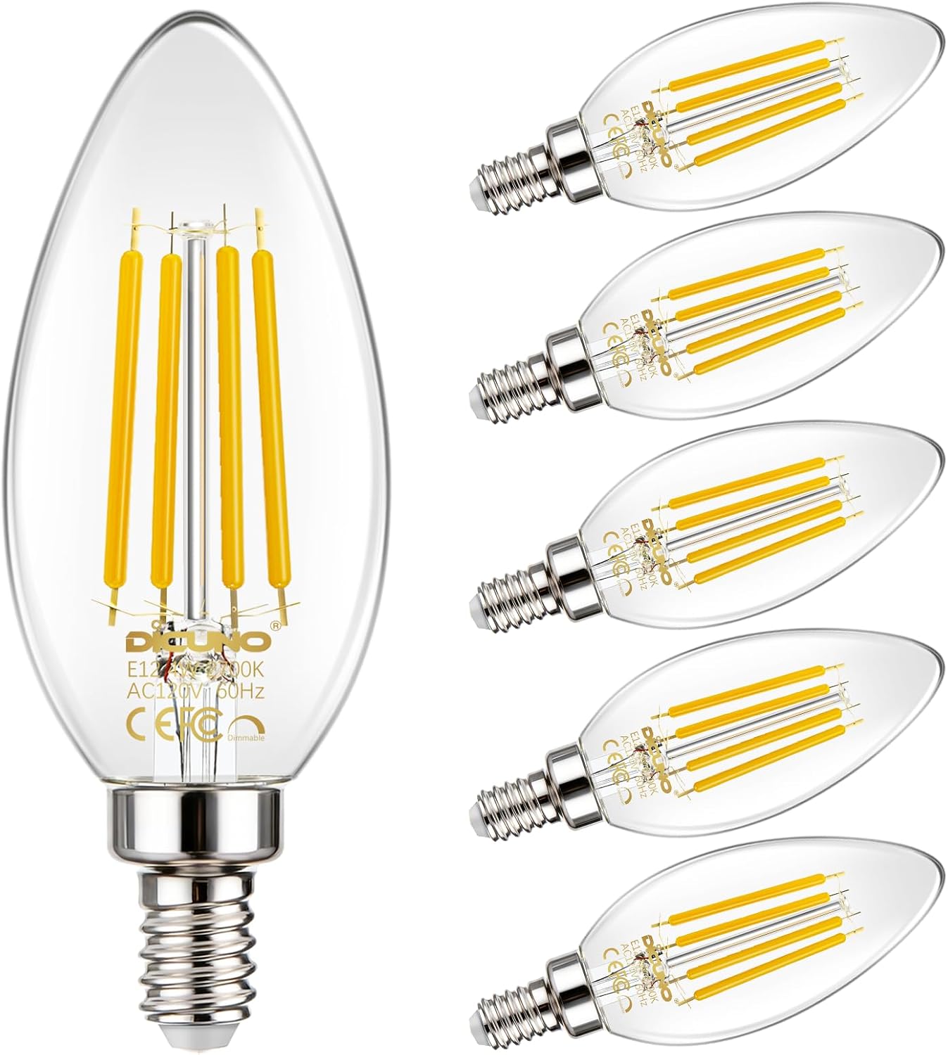 Detalle de DiCUNO CA-120V-EB-E12-C35-4W-DMB-NW-6P E12 LED Candelabra Bulbs, 4000K, Dimmable, 6-Pack