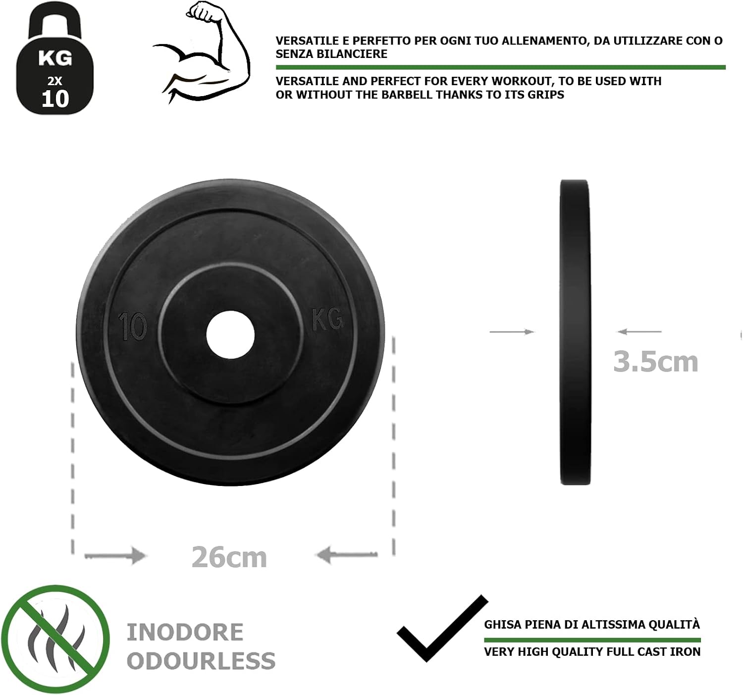 Detalle de G5 HT SPORT gumowane talerze żeliwne 2 × 10 kg, otwór 25 mm